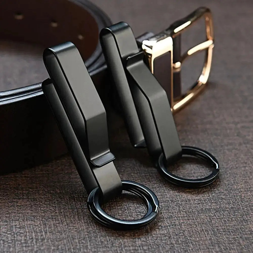 Stainless steel waist-hook key clip pair with black finish and rings, MOLLE outdoor belt buckle accessories