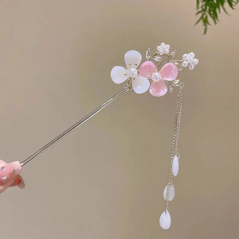 Elegant Chinese Style Romantic Enameled Flower Tassel Hair Clip Alloy Jewelry Hairpin For Women Fashion Accessory