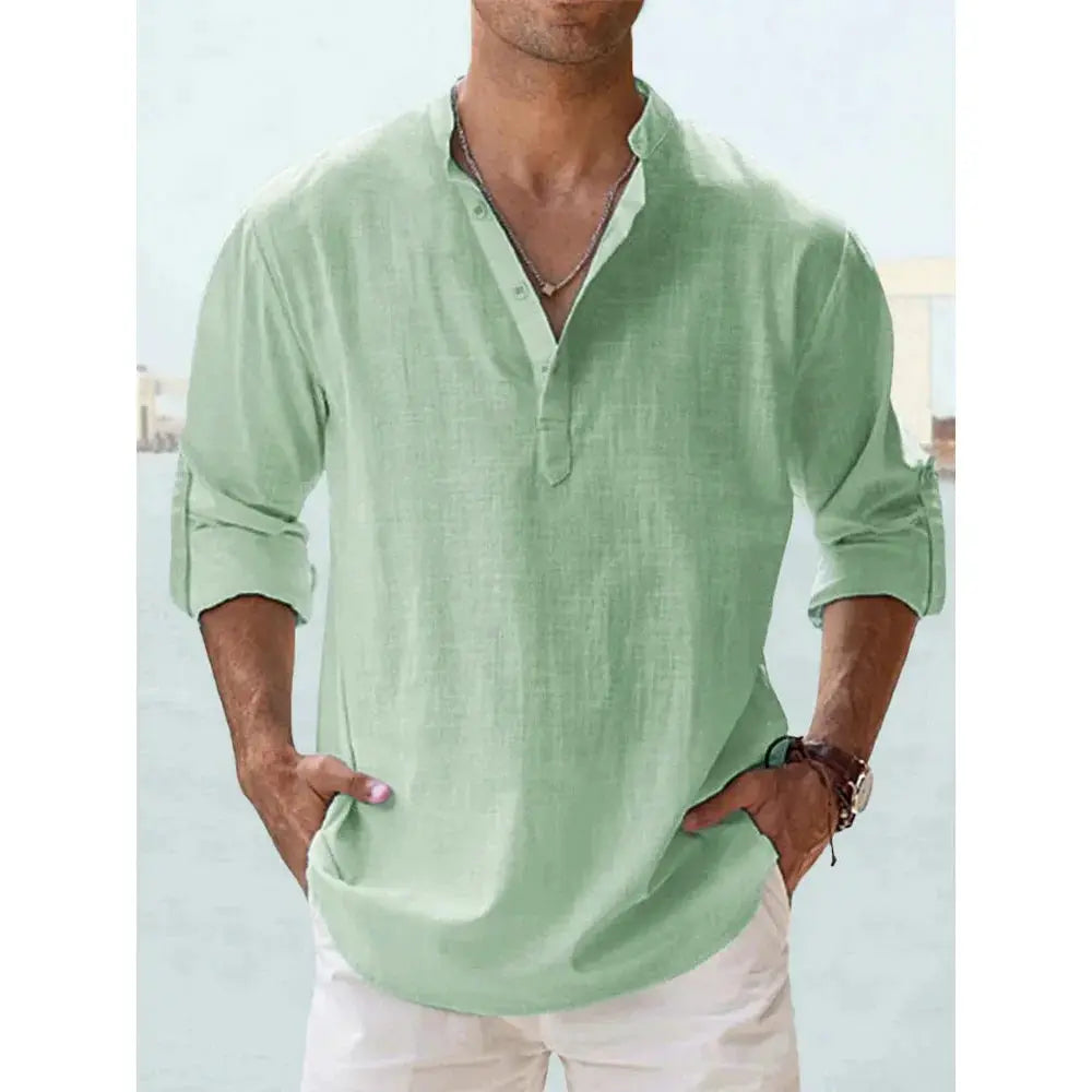 Men's Cotton Linen Blend Short Sleeve Henley Shirt For Summer Casual Beach Vacation