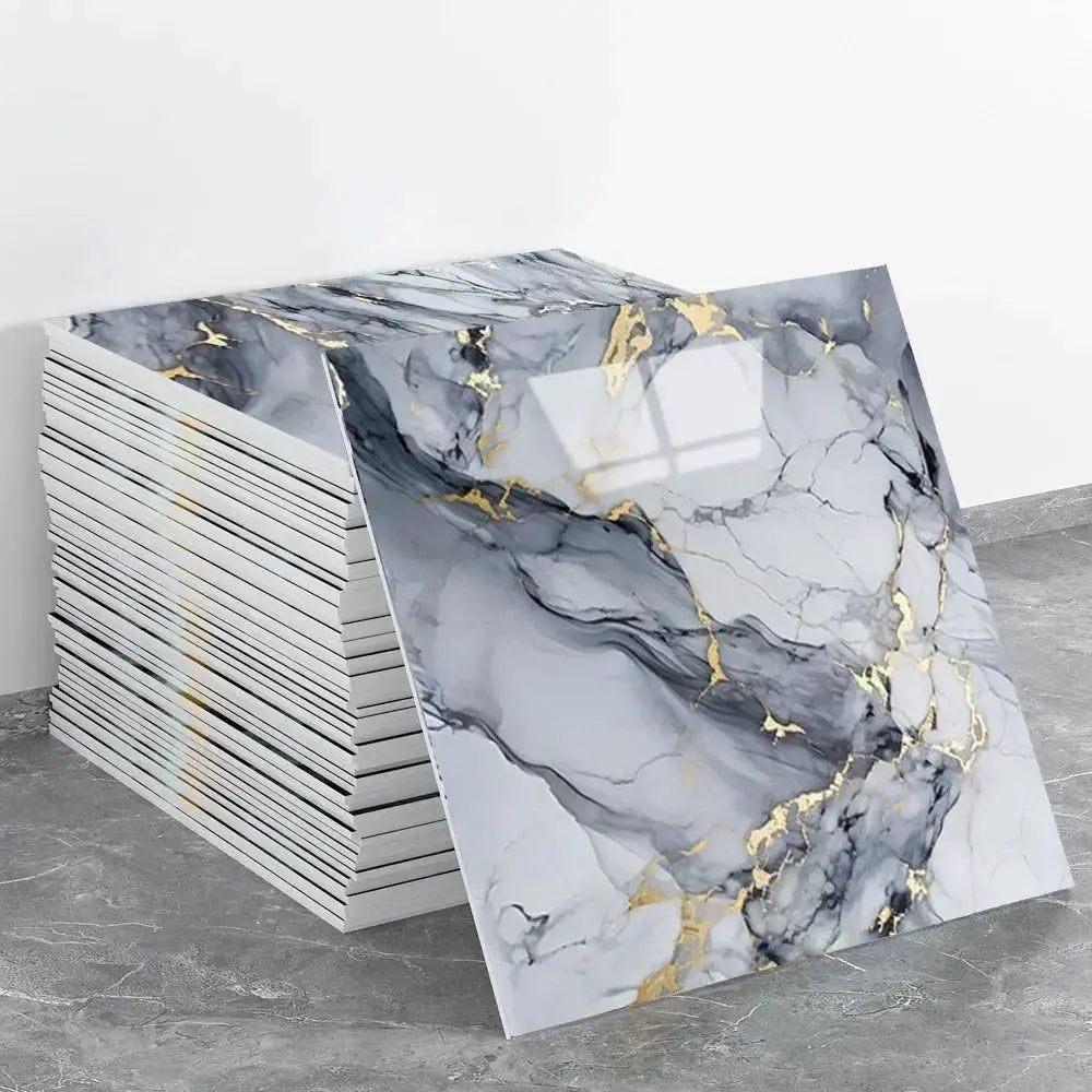 Self-adhesive marble tile wallpaper sheets, grey and white with gold veins, waterproof ceramic-look wall stickers, 10–50 pcs