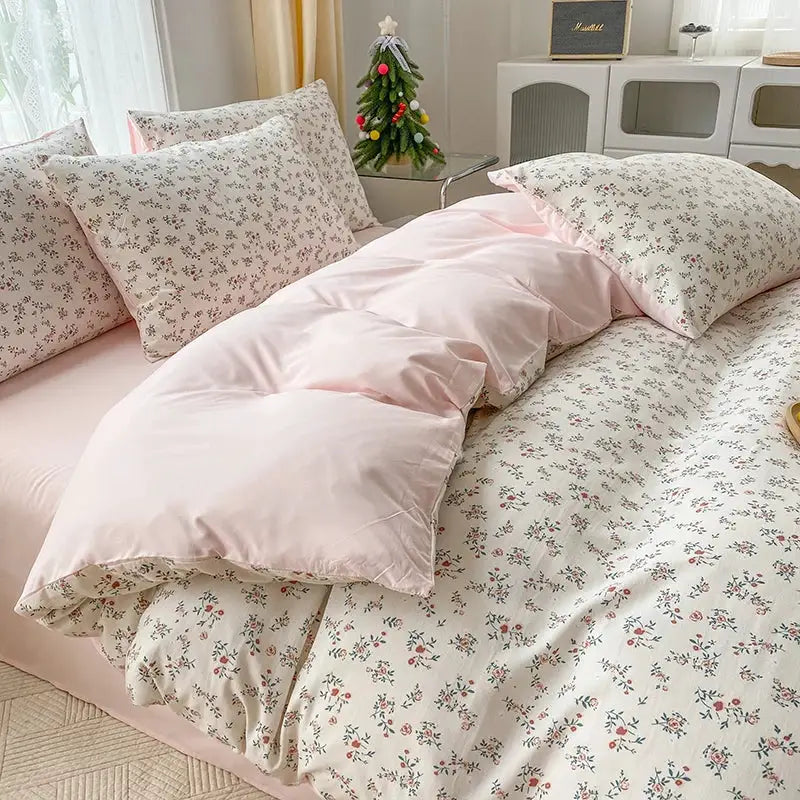 3-piece knitted and washed double-layer yarn bedding set with pink quilt cover and floral pillowcases