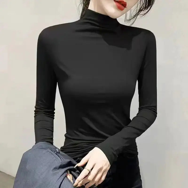 VogueWeave Black Turtleneck Long Sleeve Top for Women Y2K Modal Blend Soft Comfort Slim Fit for Autumn Winter