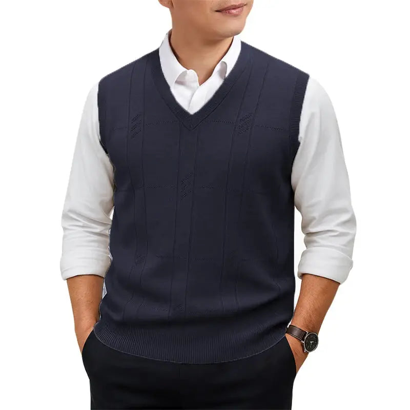 Men's navy sleeveless knit vest with V-neck and twist-knit pattern.