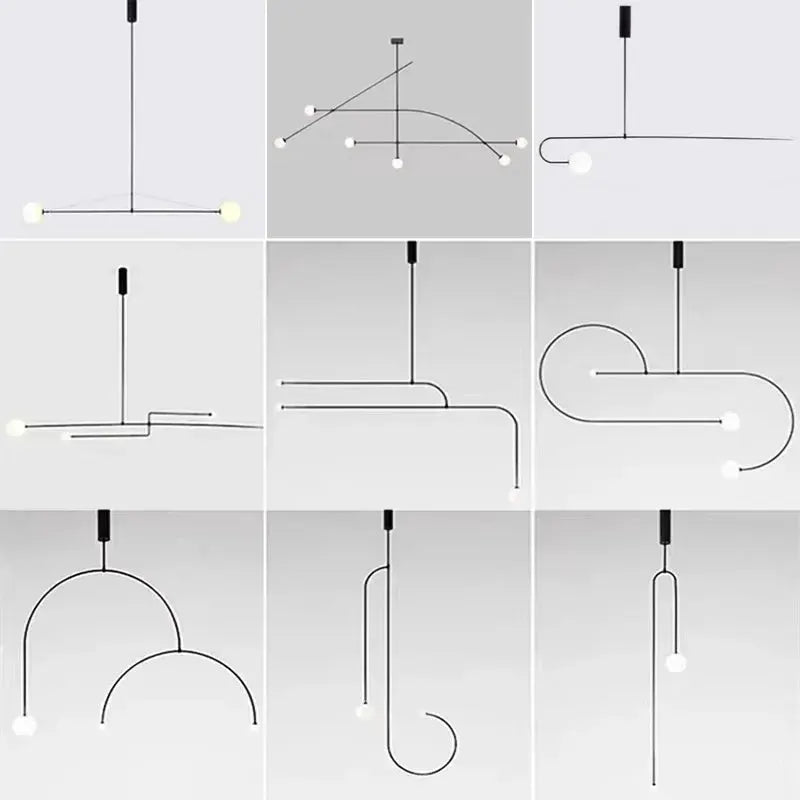 Nordic minimalist line lamp chandelier collection, nine-piece, black metal with white bulbs