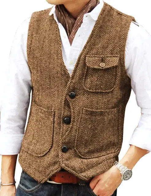 Men's waistcoat brown herringbone wool tweed with V-neck, single-breasted front and pockets