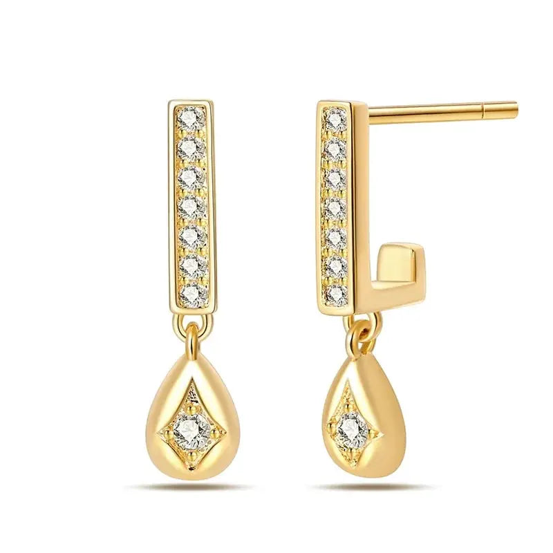 Pair of gold-tone drop earrings with diamond-studded vertical bar and teardrop pendant