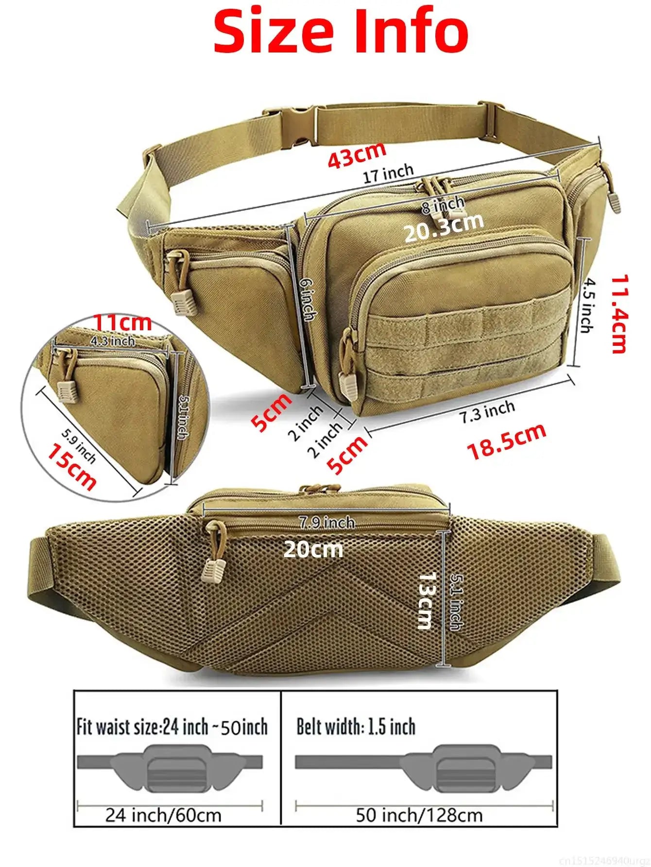 Simples Market tactical waist pack in tan with multiple zip pockets and adjustable belt