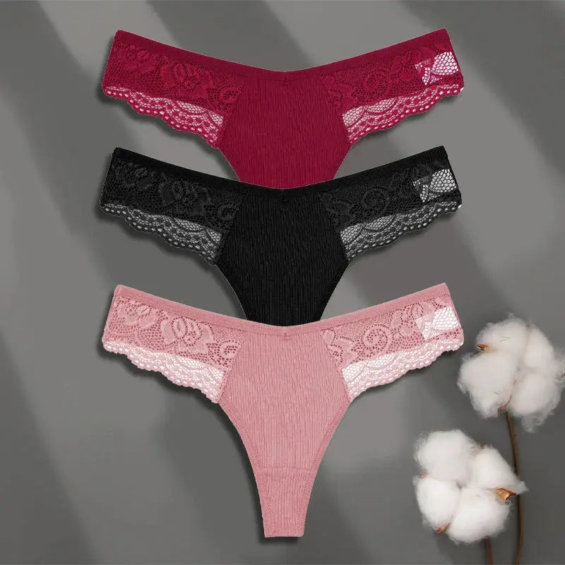 FINETOO 3-pack women's lace thong underwear in magenta, black, and blush pink