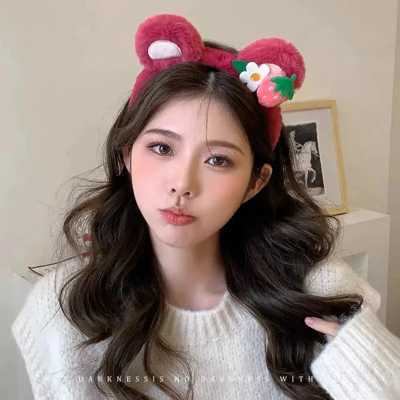 Strawberry Bear Plush Headband For Women Soft Hairband For Face Wash And Skincare Cute Fashion Accessory