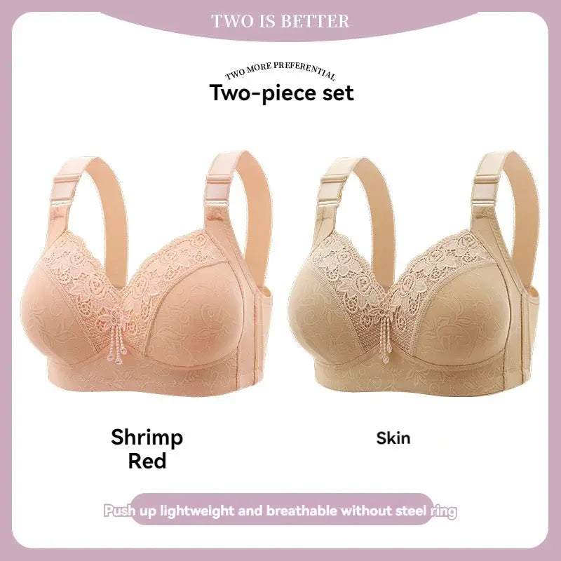 Two-piece Simples Market lace bralette set in Shrimp Red and Skin colors, featuring floral lace and front center charms.
