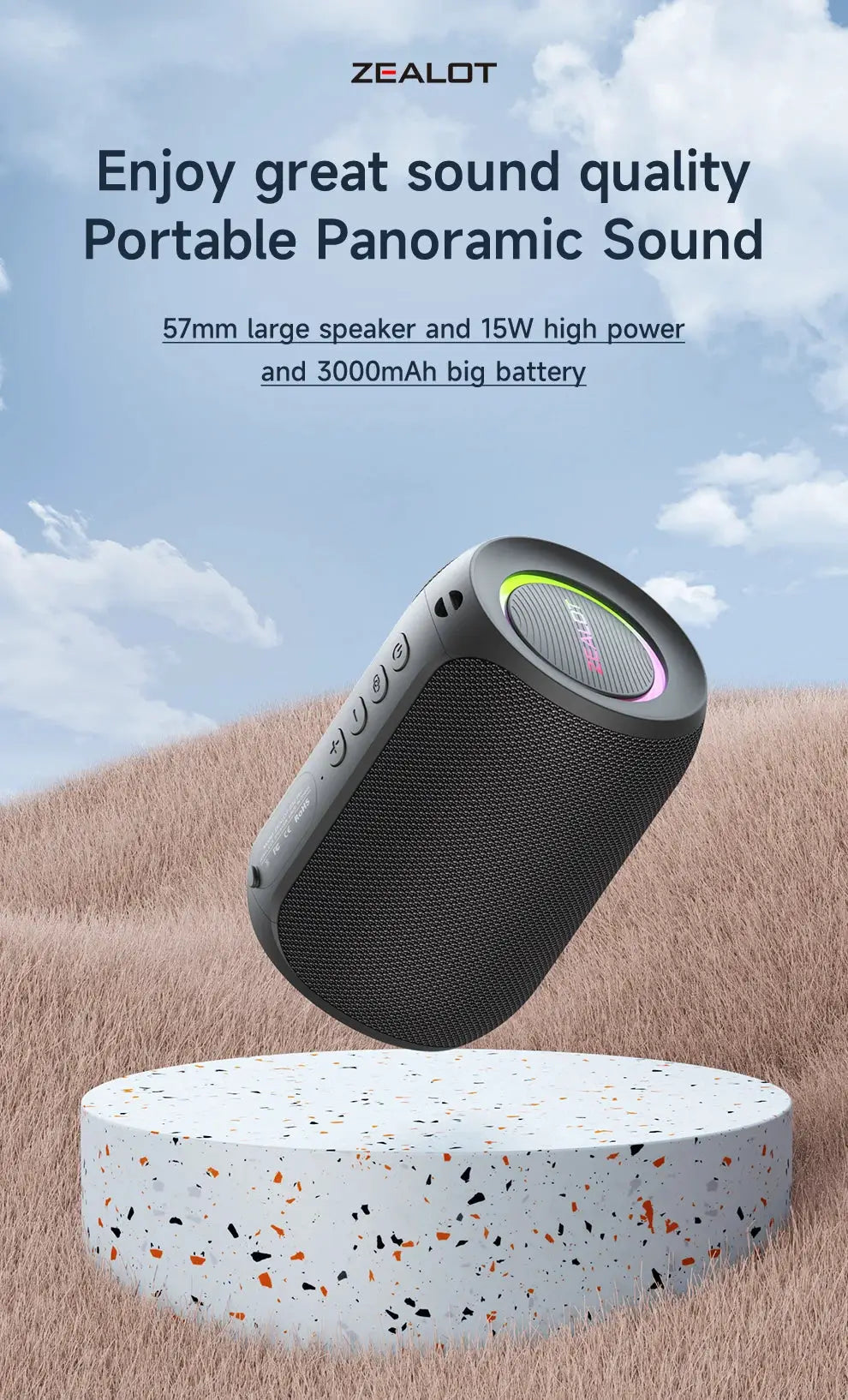 ZEALOT S32PRO portable Bluetooth speaker with LED ring, black waterproof outdoor speaker by Simples Market