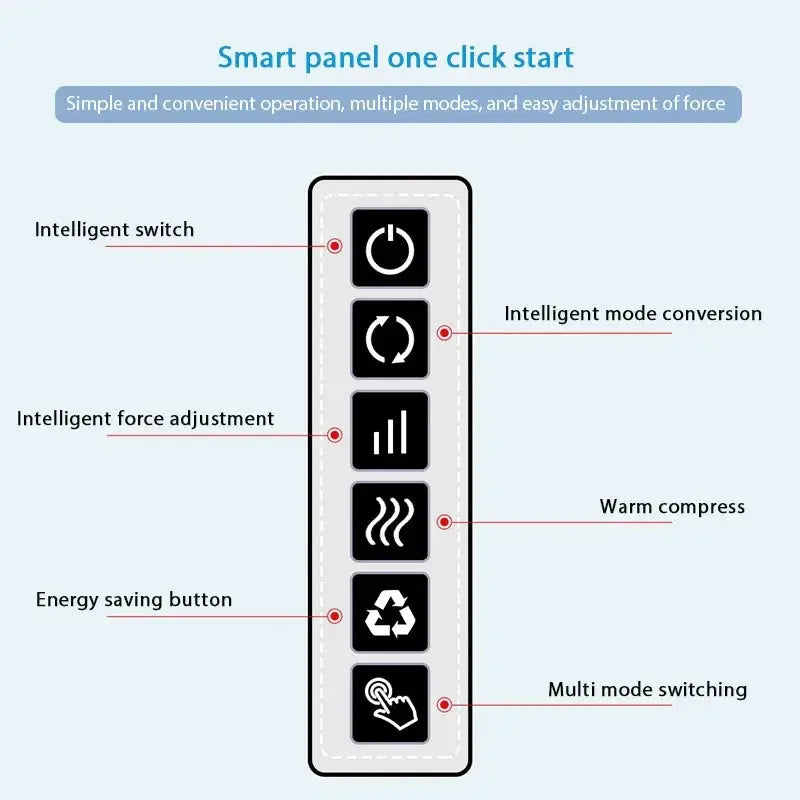 Simples Market neck and shoulder massager remote control panel with six black icon buttons on a light panel