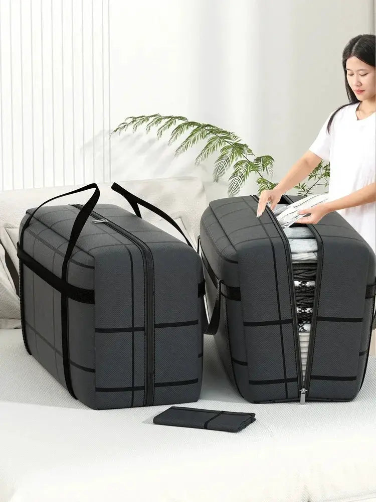 Simples Market gray multifunctional travel storage bags, set of 2 foldable waterproof duffel with handles, one opened.