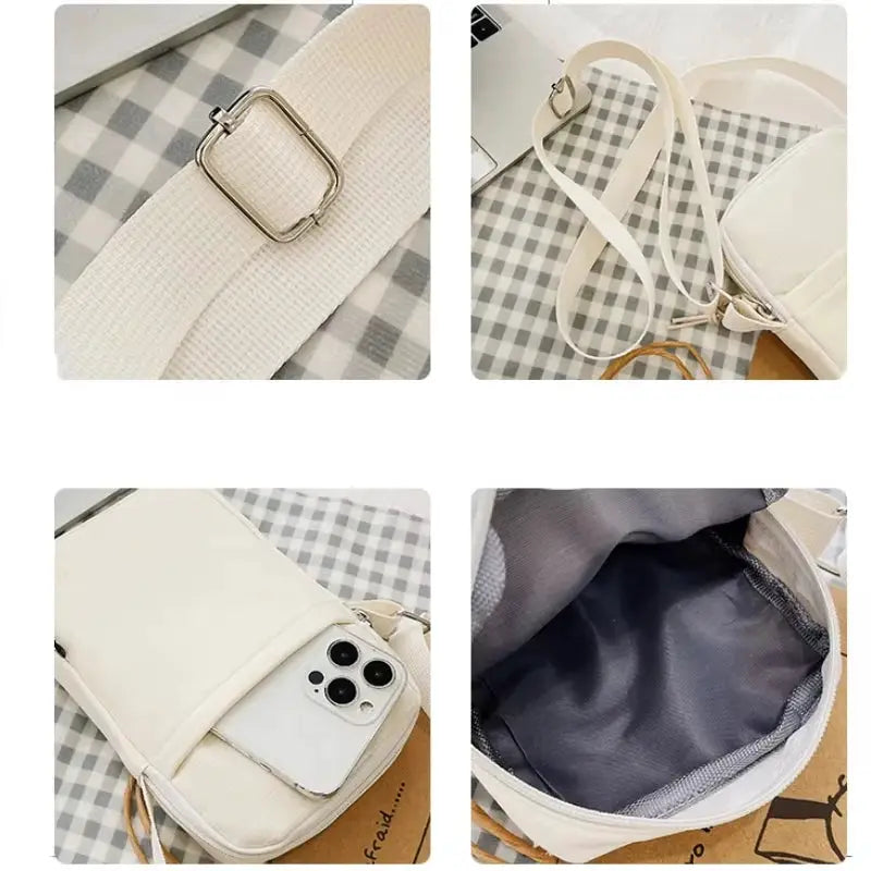 Shoulder bag Simples Market white cream crossbody with phone pocket and card slots.