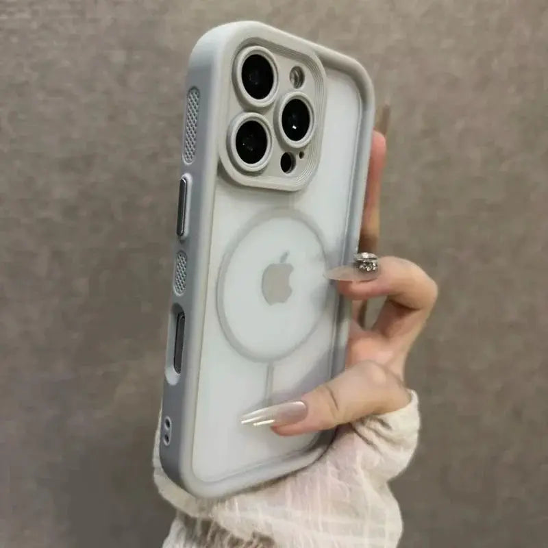 Trendy 2-in-1 Skin Feel Case for iPhone with MagSafe, clear back and gray bumper