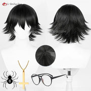 Anime Shizuku cosplay wig, black short style with heat-resistant synthetic hair, includes wig cap, glasses, and cross necklace