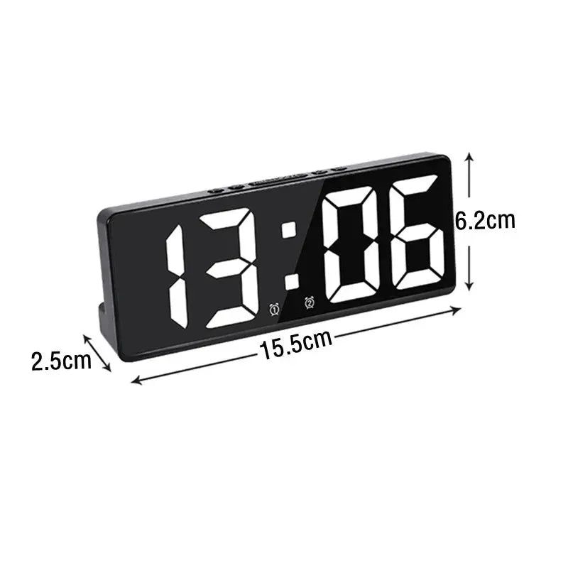 Acrylic mirror digital alarm clock with large LED digits, voice control, snooze and night mode in black.