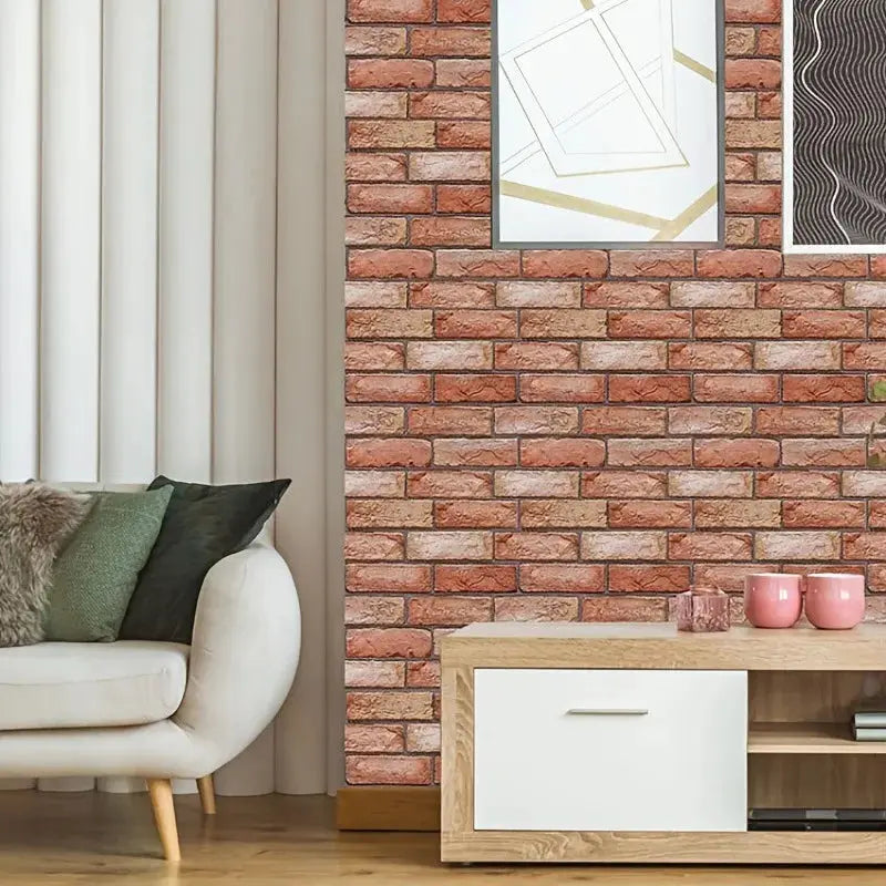 Self-adhesive brick wall panels, waterproof 3D wallpaper in red brick finish.