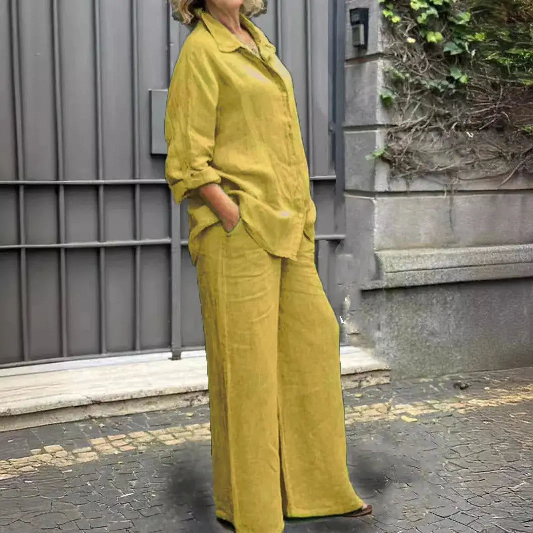 Cotton Linen Shirt Two Piece Set For Women With Wide Leg Trousers