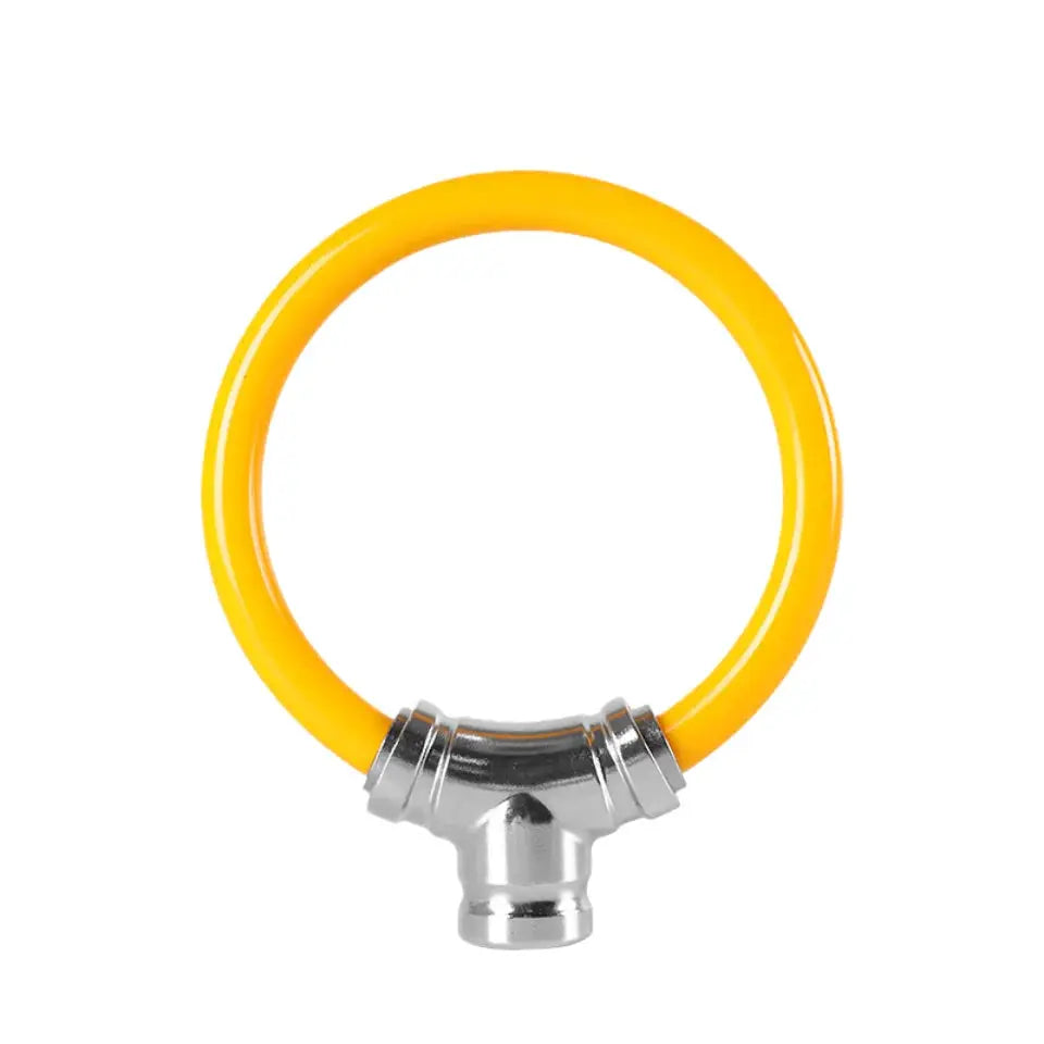 Mini bike lock with yellow steel ring and silver connector; portable helmet/frame lock