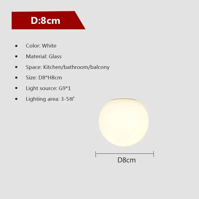 LED glass white ball ceiling light by Simples Market for kitchen/bathroom/balcony, 8x8 cm, G9 bulb.