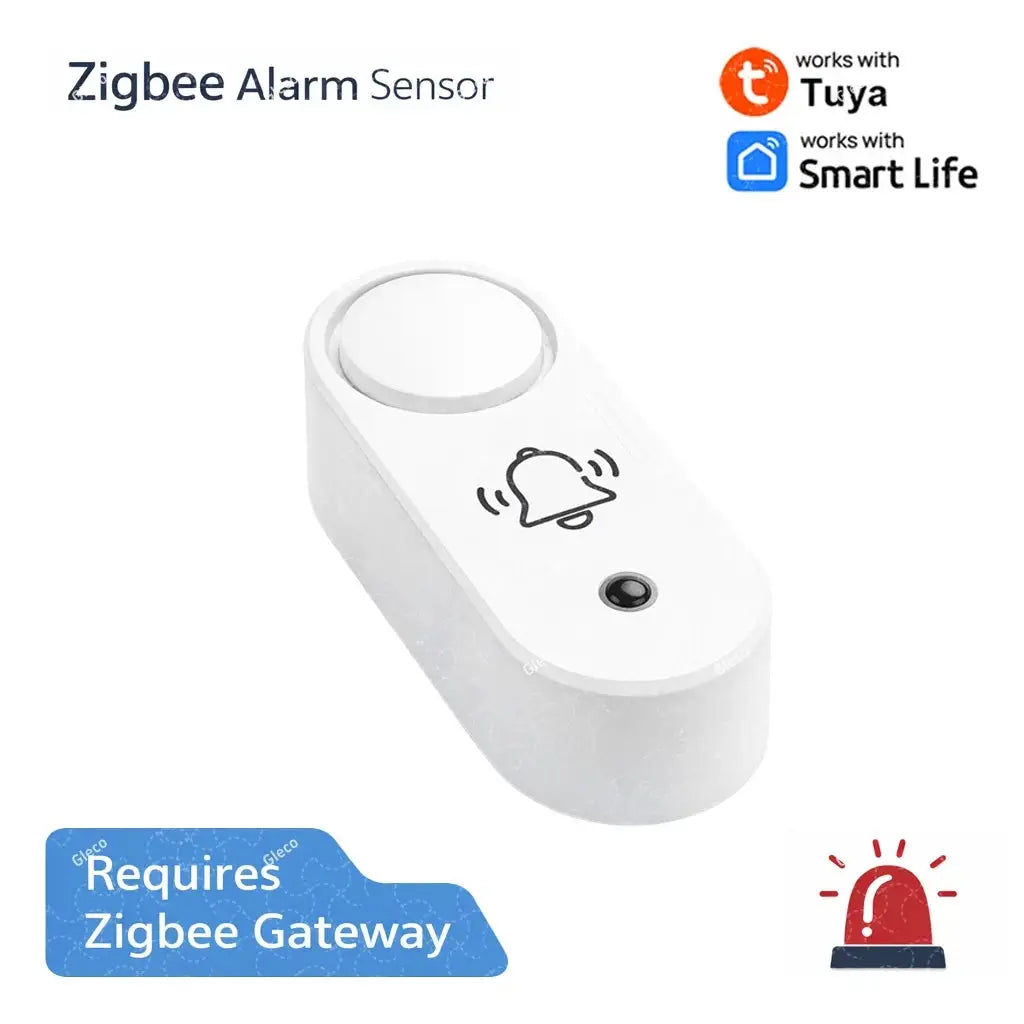 White Zigbee siren alarm sensor with bell icon and vibration detector; requires Zigbee gateway