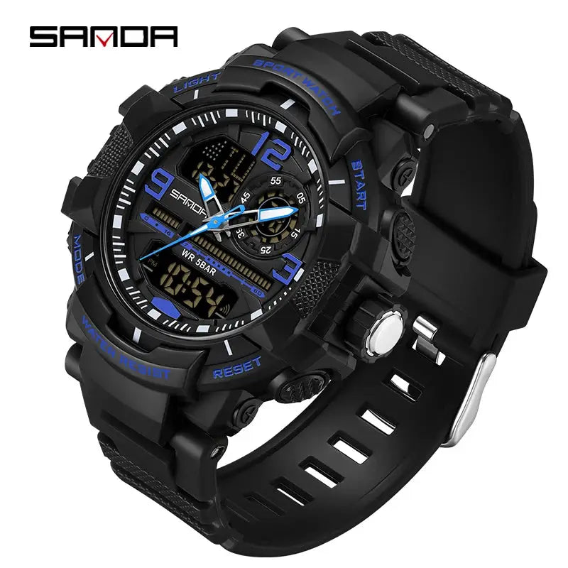 SANDA 6130 black dual-display men's sport watch with blue accents, LED digital and analog faces.