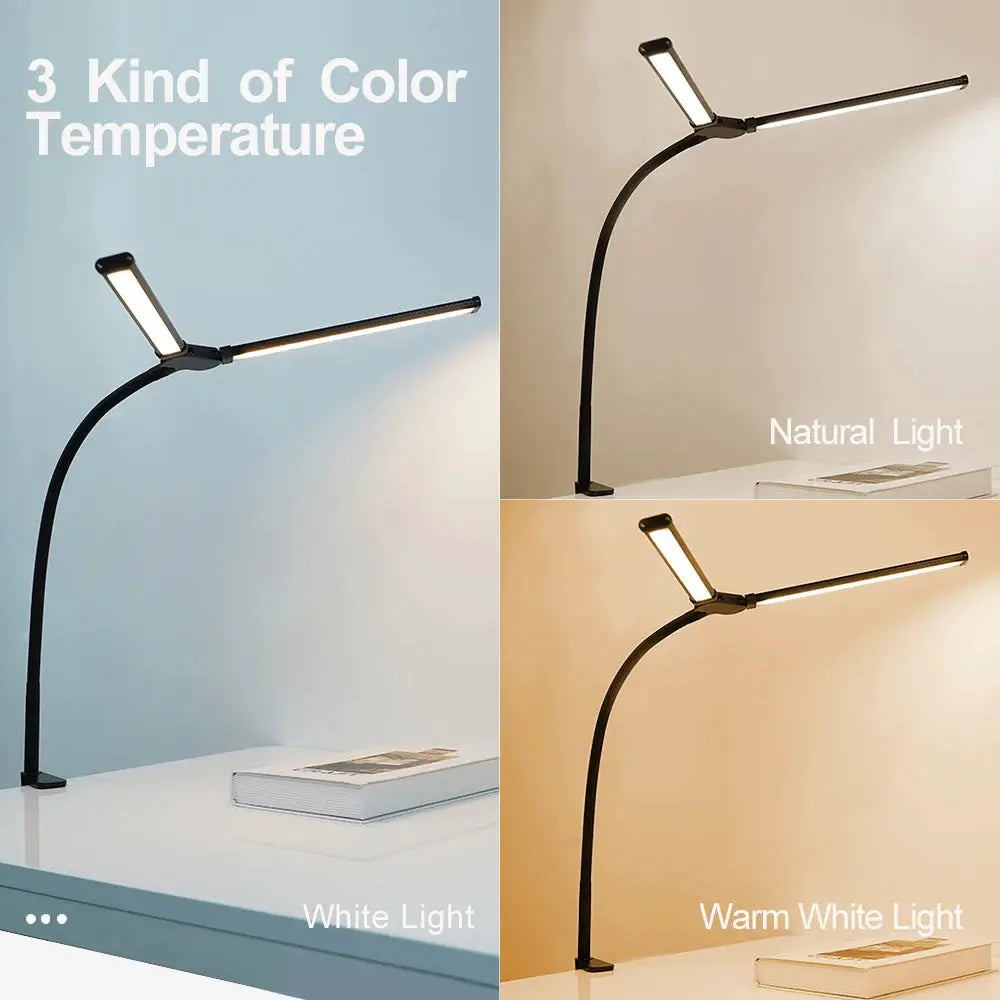 Eye-care LED Clip-on Desk Lamp, black metal, Simples Market, adjustable 3 color temps, 10 brightness levels