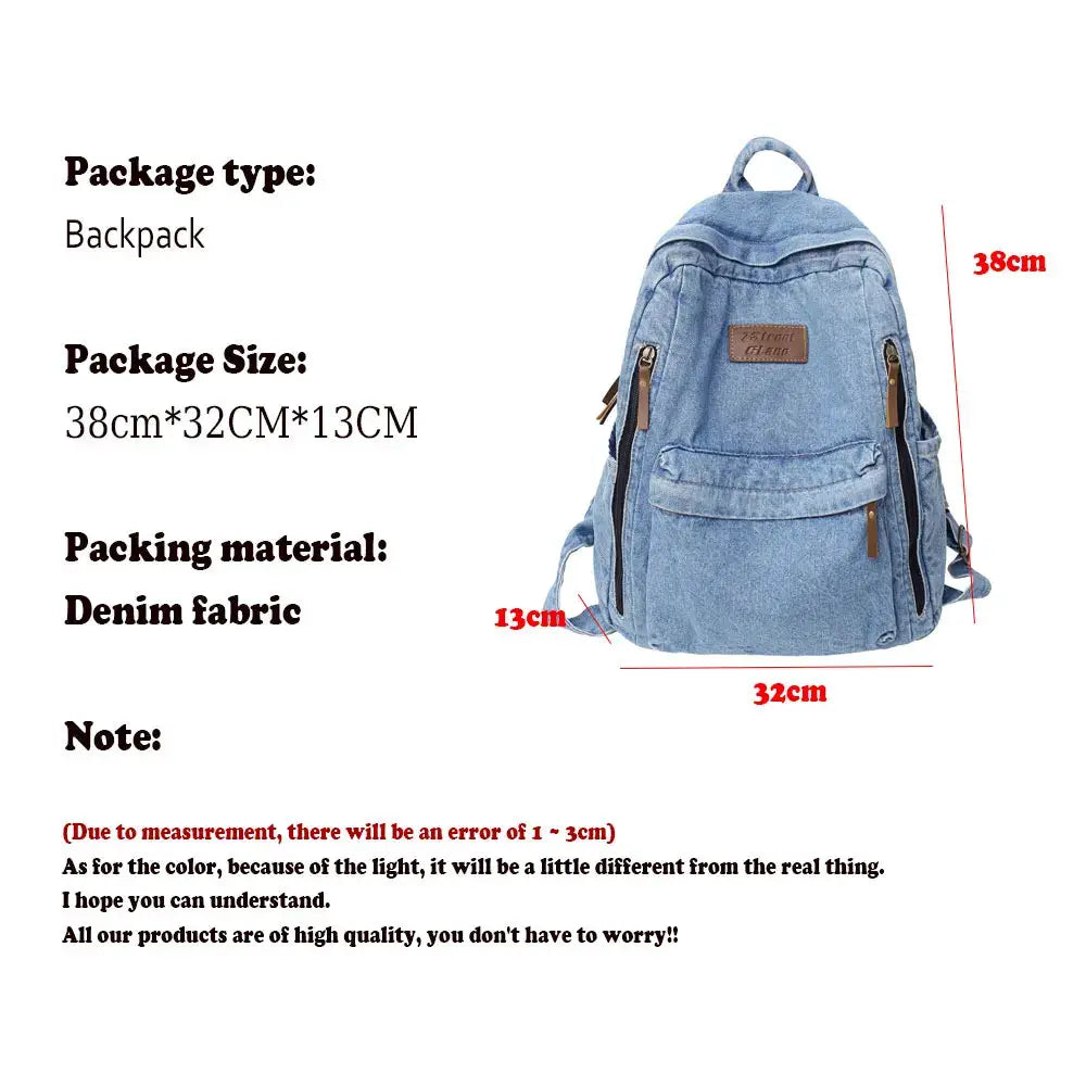 Denim backpack by Simples Market for school, blue with multiple pockets and 38x32x13 cm dimensions