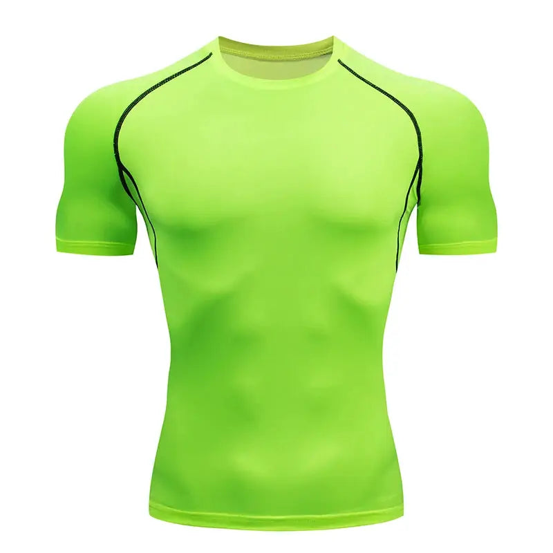 Men's lime green short-sleeve running compression T-shirt with black seams