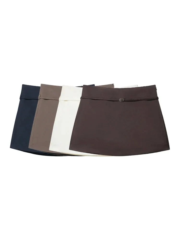 Women's solid-color skort set with belt, five colors: navy, taupe, white, beige, brown
