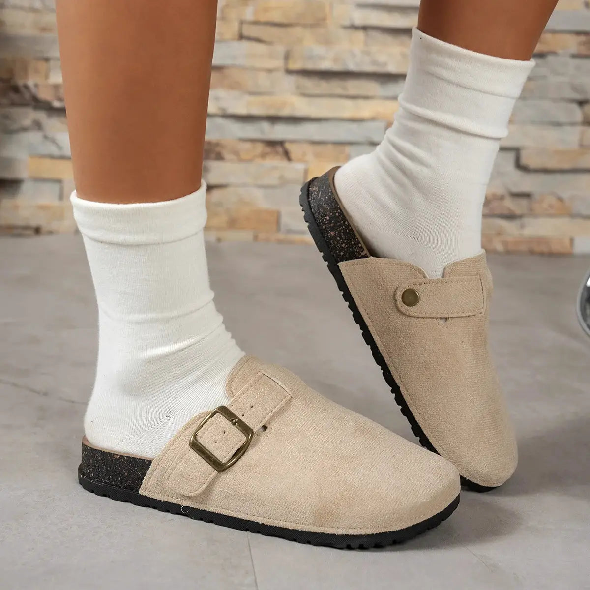 Simples Market beige suede Baotou flat casual slip-on shoes with buckle for women