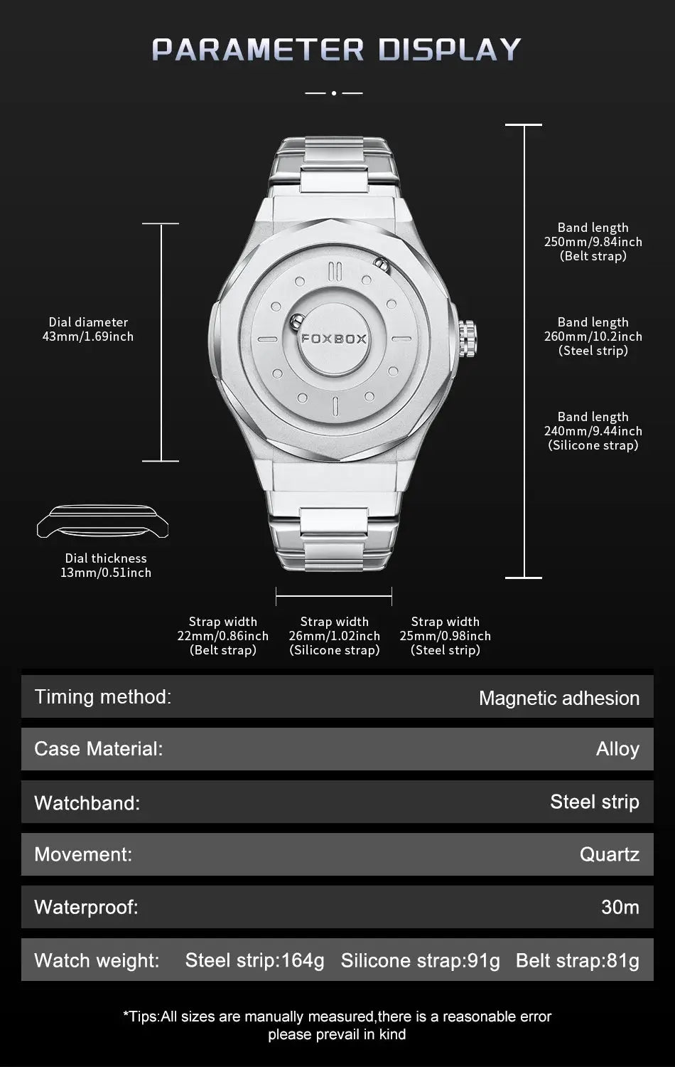 FOXBOX men's stainless steel quartz watch with metal link bracelet