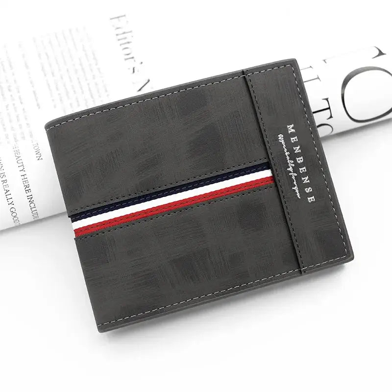 Men's wallet Simples Market: luxury slim PU leather card holder with coin pocket and red-white-blue stripe