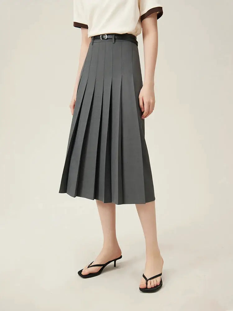 Women's grey belted pleated midi skirt for office and daily wear