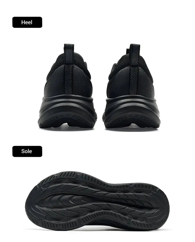 Xtep men's running shoes, black breathable mesh with soft sole, lightweight pair shown from rear