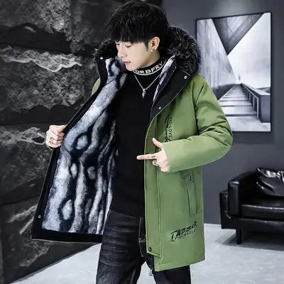 Winter men's long down jacket Simples Market, olive green parka with fur-trimmed hood and padded warmth