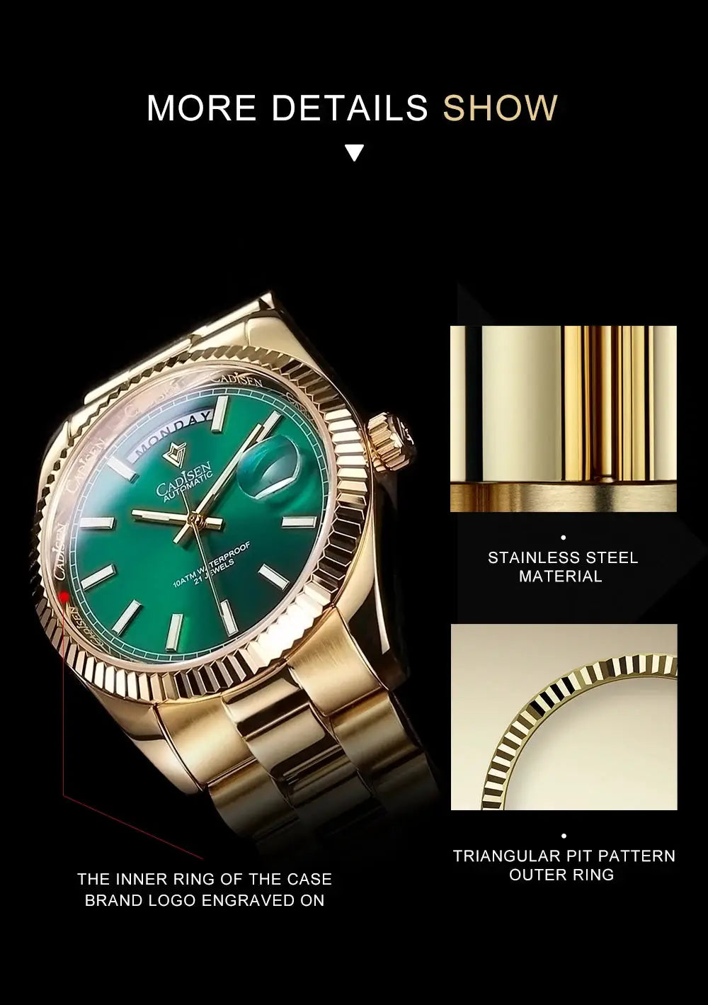 CADISEN DD40 men's luxury automatic wristwatch with green dial and gold-tone stainless steel case and bracelet
