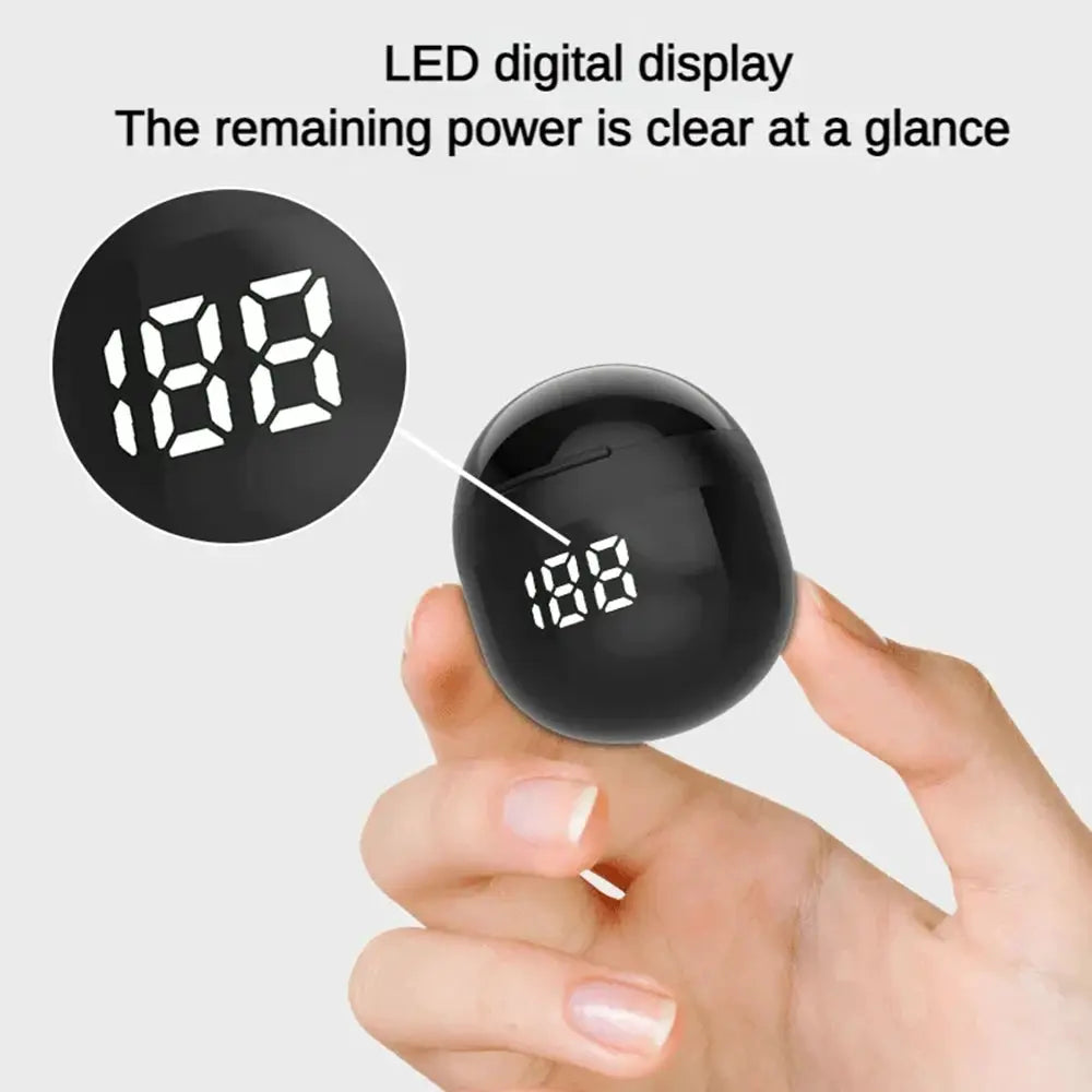 SK18 mini invisible wireless headphones in black with LED battery display on charging case