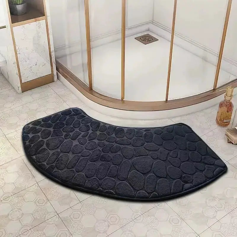 Curved bathroom mat with dark stone-pattern, thickened absorbent non-slip shower floor mat
