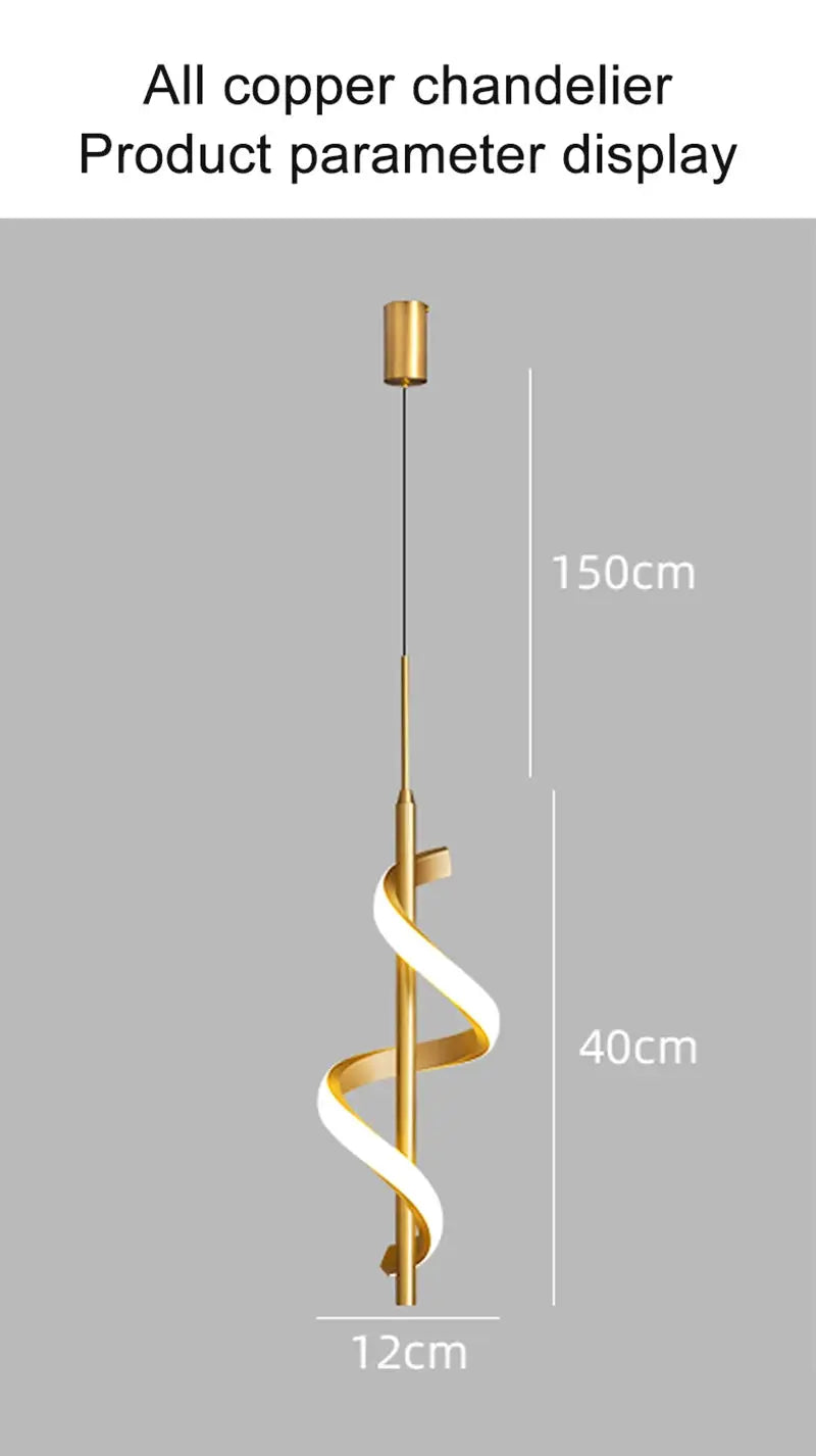 Lustre LED pendant light with gold copper finish and white spiral LED ribbon for ceiling