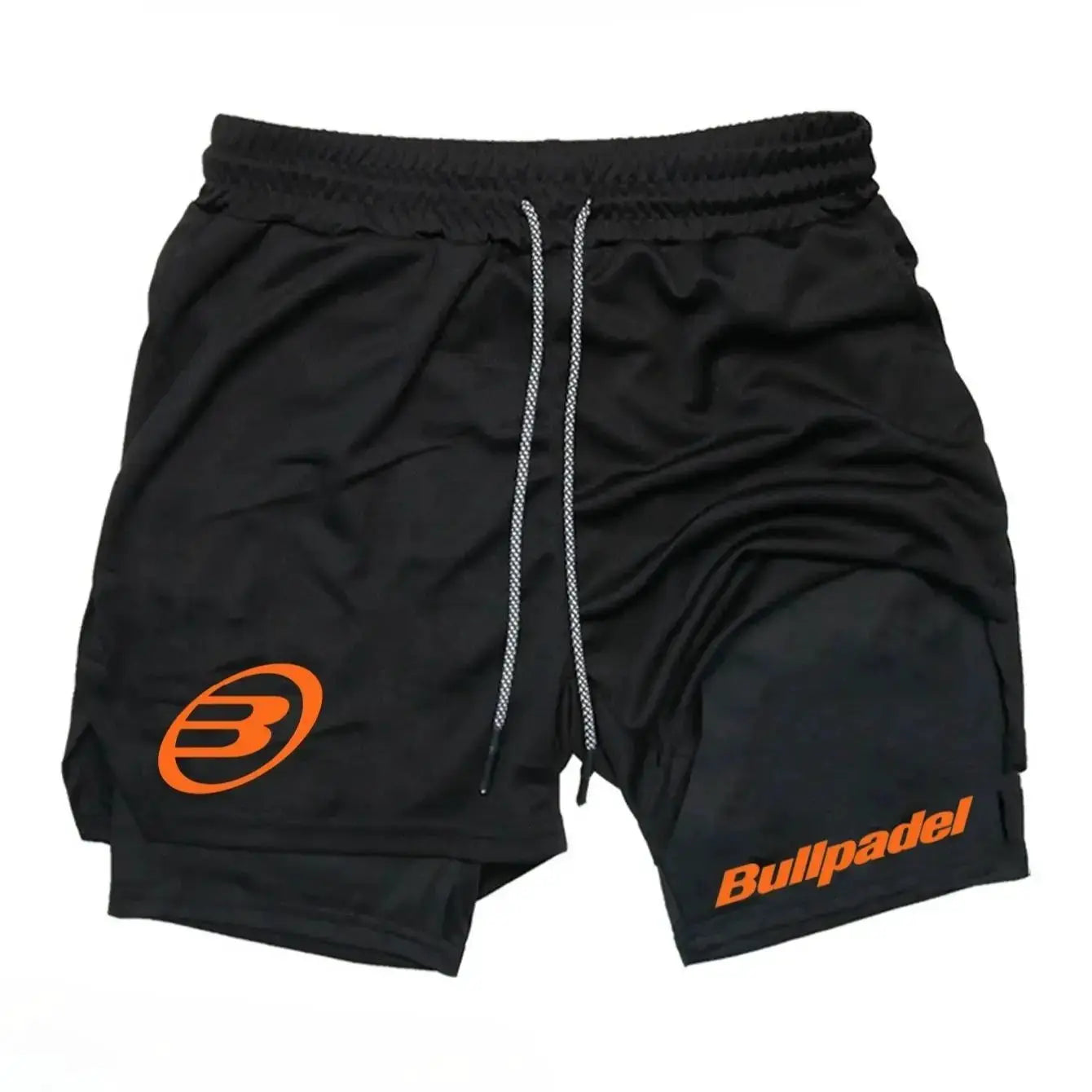 Berserk men's 2-in-1 sports shorts in black with orange Bullpadel logo and drawstring waist.