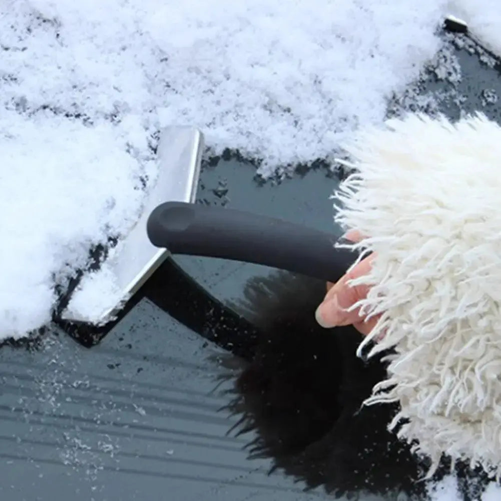 Car ice scraper with flat metal blade and black plastic handle for windshield snow removal