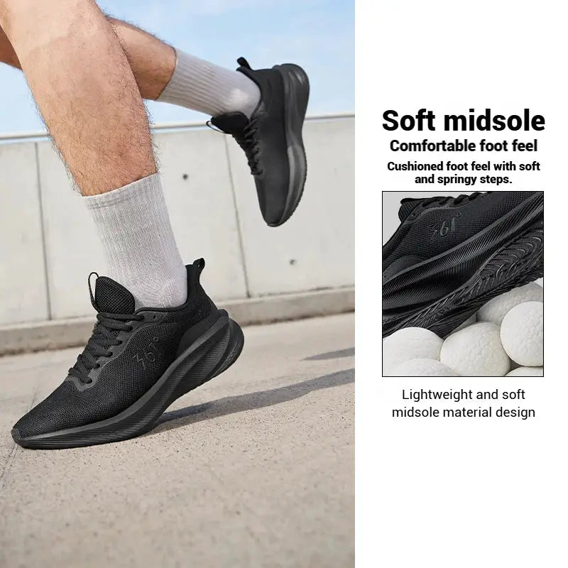 361 Degrees Fengye 5.0 men's black running shoes with breathable knit upper and cushioned midsole