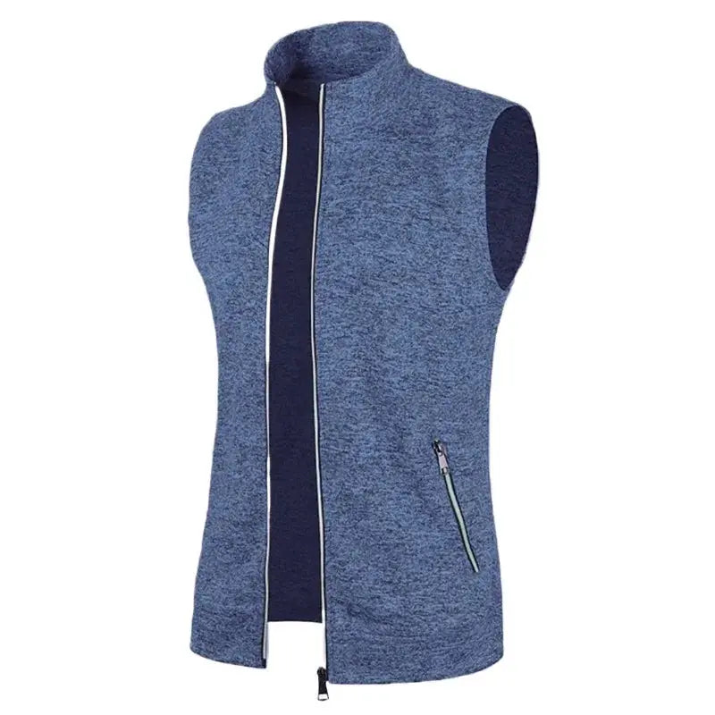 Men's blue heather knit sleeveless zip vest with stand collar and side pockets, Simples Market.
