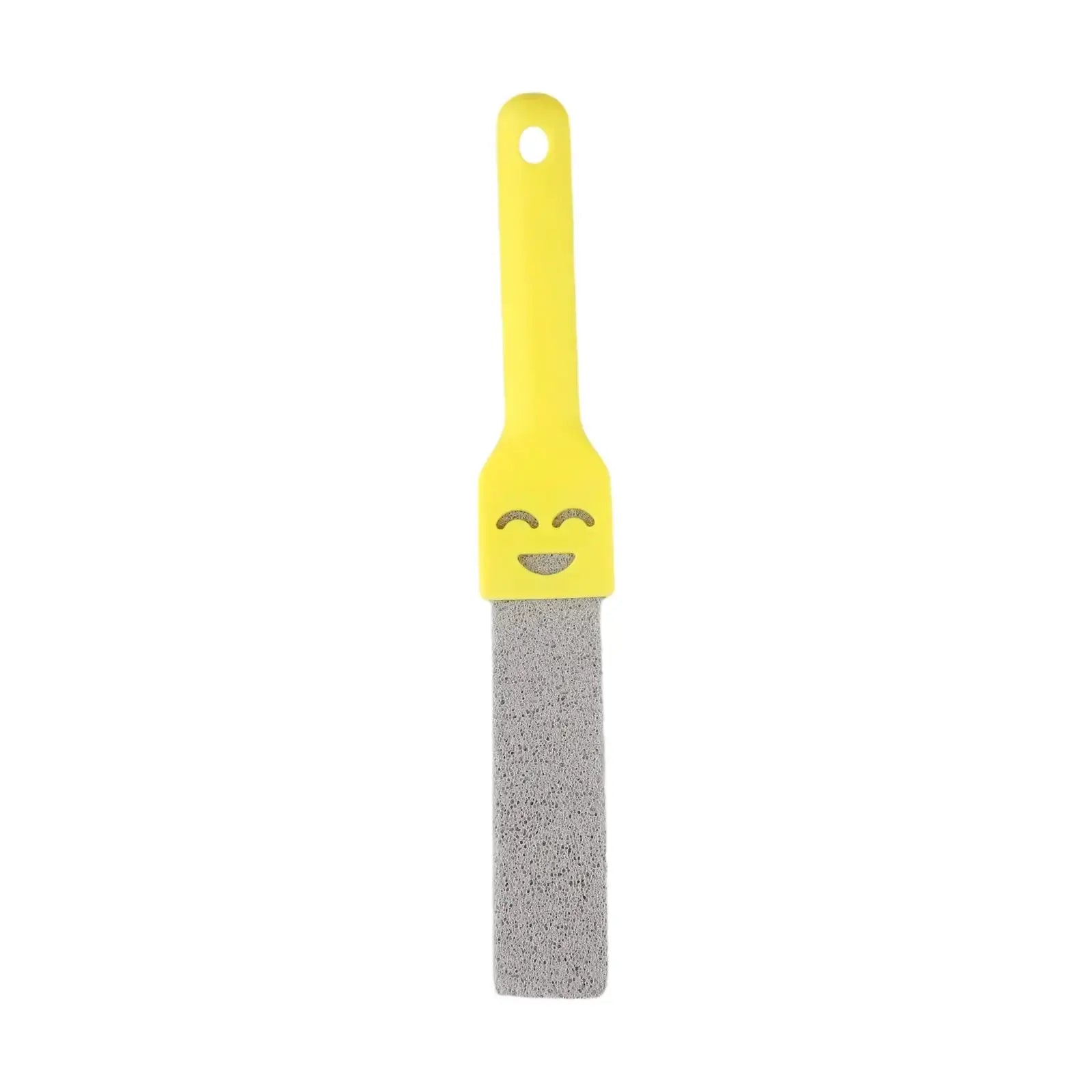 Pumice stone brush by Simples Market with yellow handle and hanging hole; gray natural pumice stone.