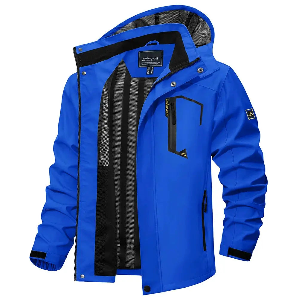 TACVASEN men's blue waterproof rain jacket with mesh lining, hooded windbreaker, zip pockets