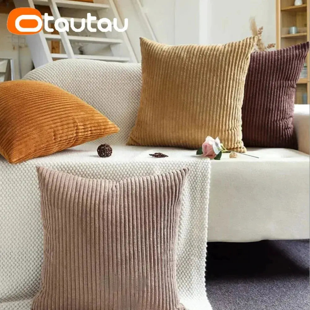 OTAUTAU cotton corduroy cushion covers set of 4 without insert in orange, mustard, taupe and brown on a cream sofa