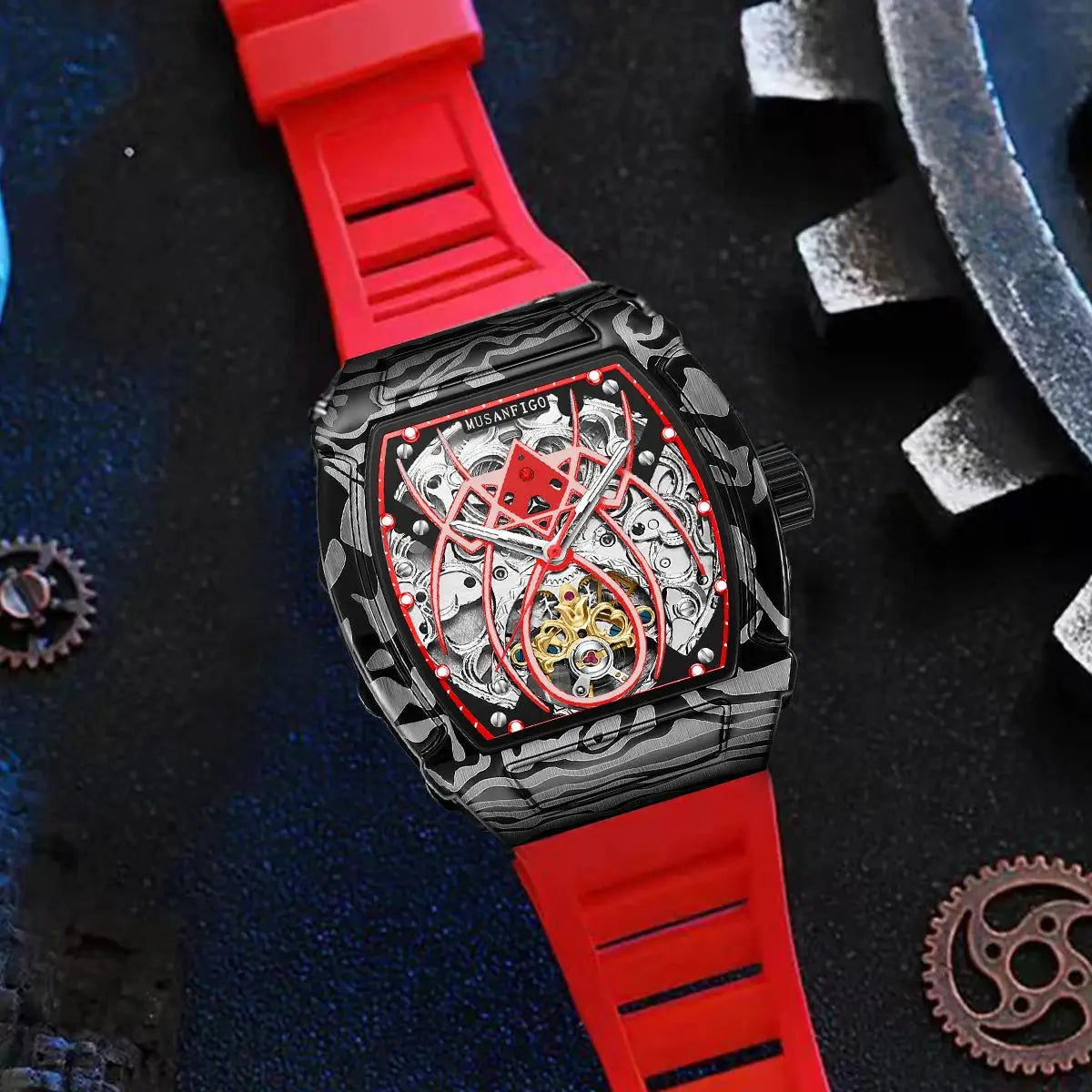 MUSANFIGO barrel-shaped automatic hollow watch with red strap, skeleton dial, luminous, waterproof