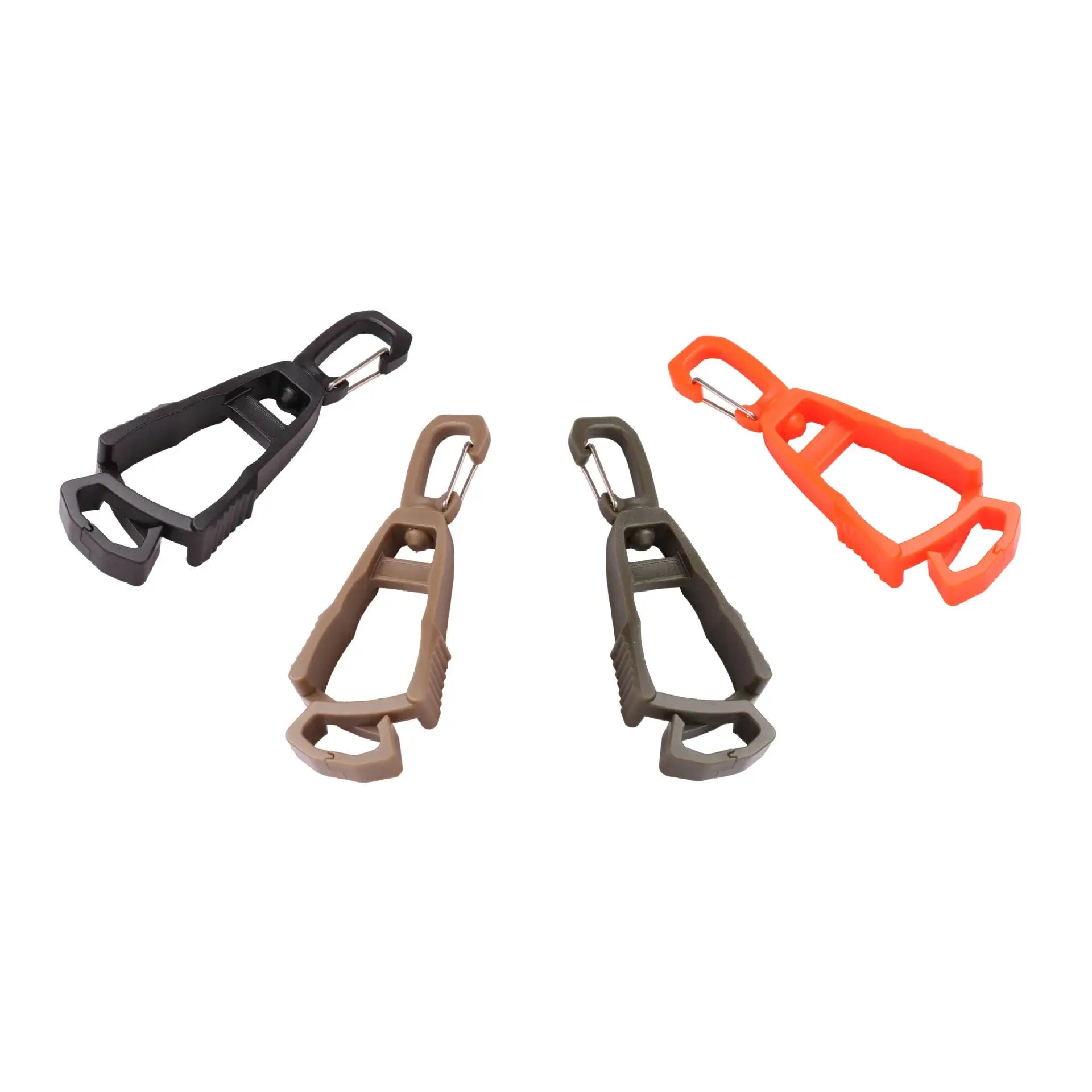 Outdoor protective gloves clip hanger set with six color options (black, tan, brown, olive, gray, orange)
